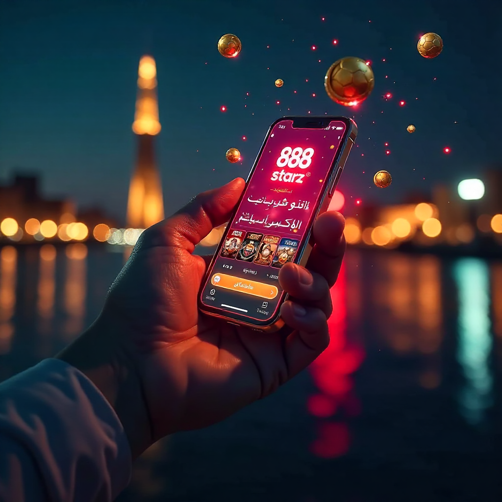 Futuristic hand holding a transparent glass smartphone displaying 888starz official Arabic app, background is the Cairo Tower and Nile river at night with glowing red laser beams and golden bokeh, 3D holographic gold EGP coins and soccer balls floating, n